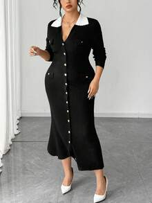 SHEIN Elenzya Plus Size Elegant Commuter Color Block Collar Button Front Knit Dress