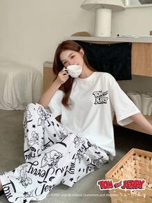 TOM AND JERRY X DAZY Bộ đồ ngủ 2 món in họa tiết hoạt hình rộng rãi và thoải mái cho nữ - trắng - Xem 1