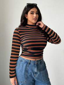 SHEIN EZwear 大码休闲条纹立领短款T恤，秋冬 - 黑色 - 查看 4