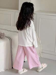 DAZY 少女口号印花长袖上衣和格子裤睡衣套装 - 粉色 - 查看 6