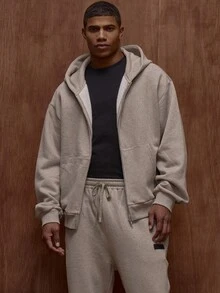 Musero 超大款长袖优质落肩拉链连帽外套运动上衣（仅限上衣）秋/春夏胶囊衣橱必备单品 - 卡其色 - 查看 5