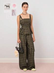 COUREZ 宽松格纹吊带裤/Y2K外出 - 巧克力棕 - 查看 2