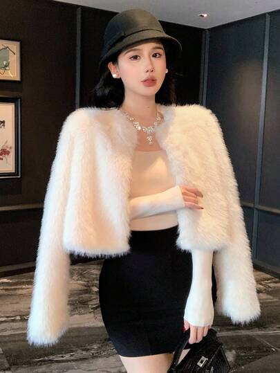 DAZY Áo khoác mùa đông dài tay hở trước màu trơn cho nữ, áo khoác lông thú giả