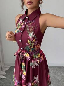 Elenzga 女士优雅花卉印花露肩系带连衣裙 - 彩色 - 查看 4