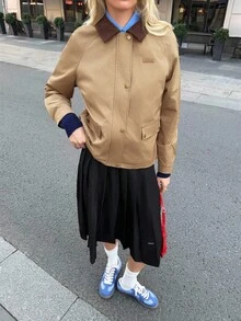SHEIN Unity Áo khoác gió ngắn tay dài cho nữ, kiểu dáng retro sinh viên, cổ điển, Anh Quốc, trang phục thường ngày thoải mái, nhẹ nhàng, thể thao, du lịch, sân bay, mùa thu - màu nâu - Xem 2