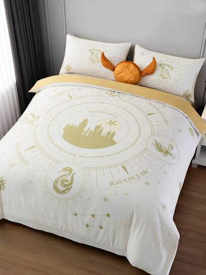 HARRY POTTER X SHEIN 3 件套城堡印花羽绒被套，拉绒材质，柔软温暖，米色，有单人/双人/大号/特大号尺寸可选