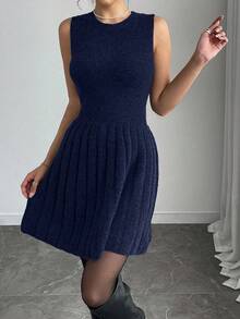 Elenzga 2pcs Set Elegant Solid Color Cardigan Knit Dress For Commuting - Blue - View 3