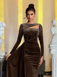 Glamrae 优雅的海军蓝天鹅绒网眼镂空手工渐变串珠垂坠鱼尾礼服 - 咖啡棕 - 查看 2