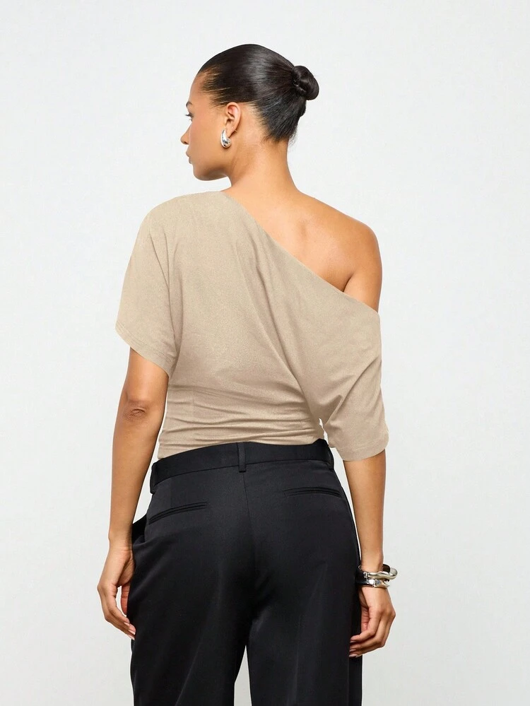 Off Shoulder Dolman Sleeve Top With Ruched Waist