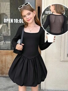 SHEIN 女童优雅方领泡泡袖长袖纯黑色迷你连衣裙 - 黑色 - 查看 14