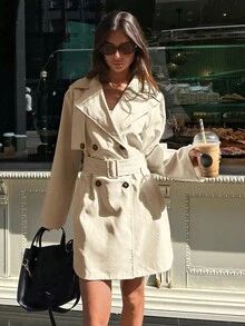 Aloruh 女士优雅翻领腰带卡其色纯色中长款风衣 - 卡其色 - 查看 9