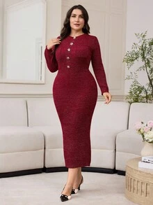 Modelyn Vestido de punto elegante y entallado de talla grande para ir al trabajo, ropa de otoño e invierno para mujeres - Burdeos - Ver 4