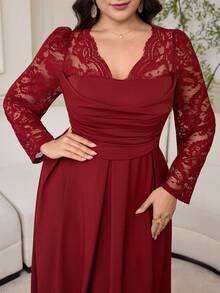 Modelyn Lace Patchwork Long Sleeve Solid Color Waist Cinched Plus Size Dress For Women - Burgundy - View 1