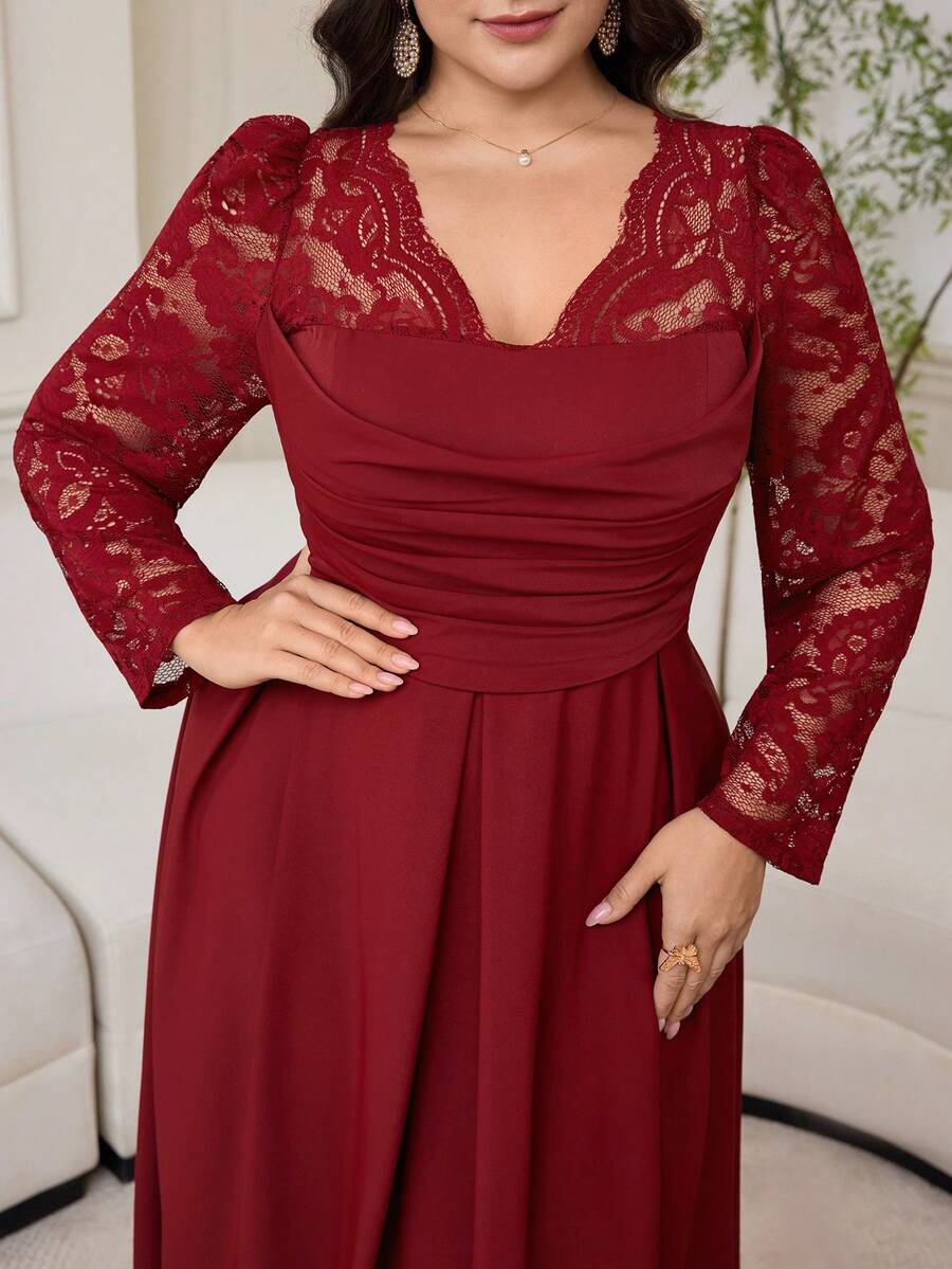 Modelyn Lace Patchwork Long Sleeve Solid Color Waist Cinched Plus Size Dress For Women - Burgundy - View 1