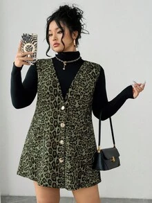 Elenzga Plus Size Women V-Neck Sleeveless Leopard Print Dress, Autumn/Winter - Olive Green - View 3