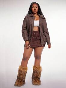 SHEIN SXY Áo khoác da PU cổ điển, sang trọng, quyến rũ, quyến rũ, gợi cảm, giản dị, phong cách tối giản, cổ điển, thanh lịch, có túi lớn, cỡ lớn dành cho nữ mùa thu đông - màu nâu - Xem 7