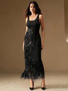 Anewsta Váy dài ngang gối tua rua đen, Đầm dự tiệc lấp lánh đính sequin thanh lịch dành cho nữ, Đầm suông - màu đen - Xem 1