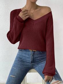 SHEIN LUNE Sweater Kasual Wanita Warna Polos Leher V Lengan Raglan, Musim Gugur/Dingin - Rose Red - View 7