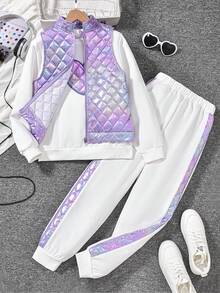 SHEIN 青少年女孩绗缝背心和心形贴花运动衫和裤子休闲保暖实用 3 件套秋冬季服装 - 淡紫色 - 查看 1