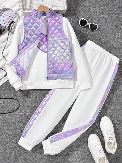 SHEIN Bộ trang phục 3 món giản dị ấm áp thiết thực cho bé gái tuổi mới lớn & áo nỉ thêu hình trái tim & quần