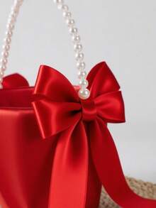 SHEIN 1PC Red Bow Faux Pearl Satin Flower Basket For Wedding Party Decoration New Year Gift Home Decor Bridal Bouquet Centerpiece - Red - View 6