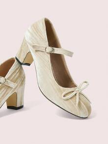 CUCCOO DOLLMOD Giày cao gót đế tròn Mary Jane nhung thời trang mới 2024 - Màu be - Xem 2