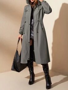 EURMUSE Dark Grey Long Hooded Parka With Faux Fur Trim - Dark Grey - View 5