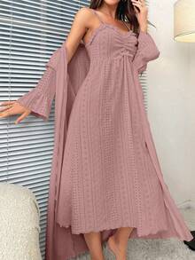 Solid Cami Nightdress & Ruched Frill Trim Robe Pajama Set, Fall Winter Clothes - Dusty Pink - View 1