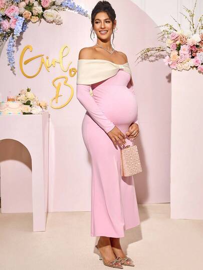 Loomaby Vestido elegante ajustado de manga larga con hombros descubiertos y bajo de cola de pez para maternidad