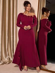 Cravure Plus Size Women Solid Color 3D Floral Decor Asymmetric Shoulder Long Sleeve Fishtail Hem Elegant Dress