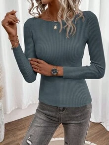 EMERY ROSE Casual Solid Color Slim Fit Sweater, Autumn,Fall - Teal Blue - View 4