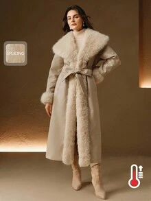 Anewsta 女式长款人造毛领皮草大衣，配腰带和皮草衬里 - 米色 - 查看 1