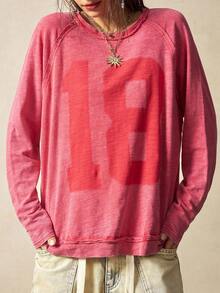 Bohemela 女士休闲纯色针织圆领长袖宽松水洗T恤 - 紅色 - 查看 5