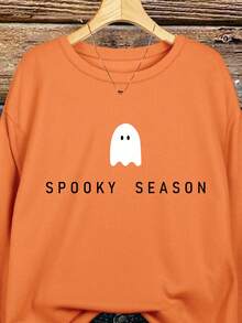 EMERY ROSE Halloween Graphic Print Casual Crew Neck Fleece Long Sleeve Sweatshirt, Gift For Friends, Autumn/Winter - Orange - View 3