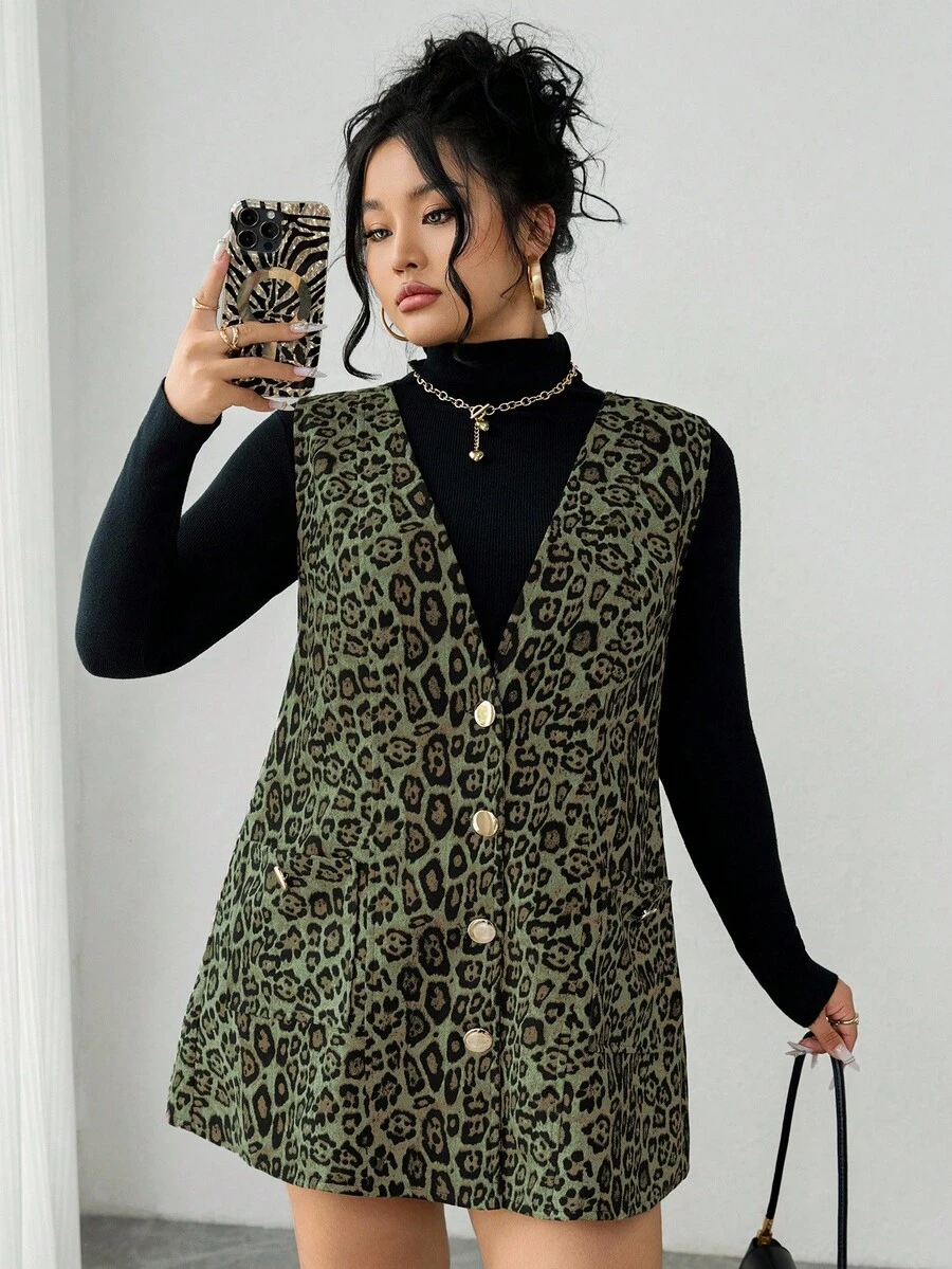 Elenzga Plus Size Women V-Neck Sleeveless Leopard Print Dress, Autumn/Winter - Olive Green - View 1