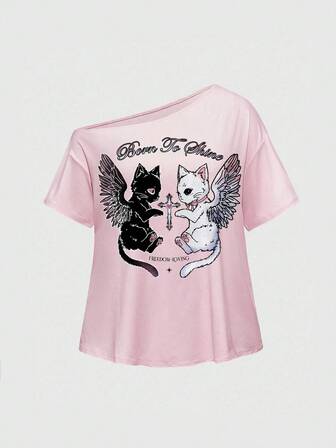 Kawaii Cute Cat Cross Gothic Asymmetric Wing Slogan Cat Mysterious Double Brushed Milk Silk Sexy Asymmetric Solid Color Basic Summer Lightweight Street Vintage Plus Size Asymmetric T-Shirt