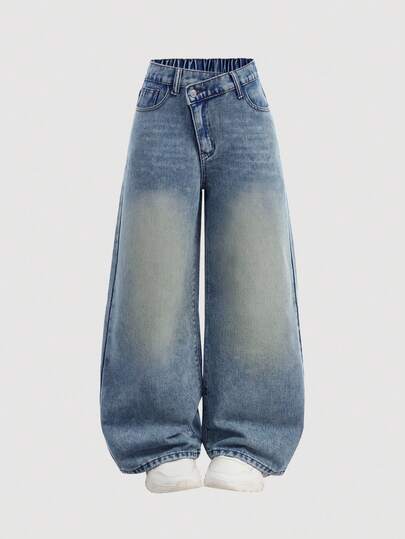 SHEIN Girlism 千禧少女时尚休闲复古蓝色牛仔斜腰设计宽松舒适牛仔裤，柔软舒适，适合日常穿着，四季皆宜。少女服装，宽松牛仔裤，可爱肥大牛仔裤。
