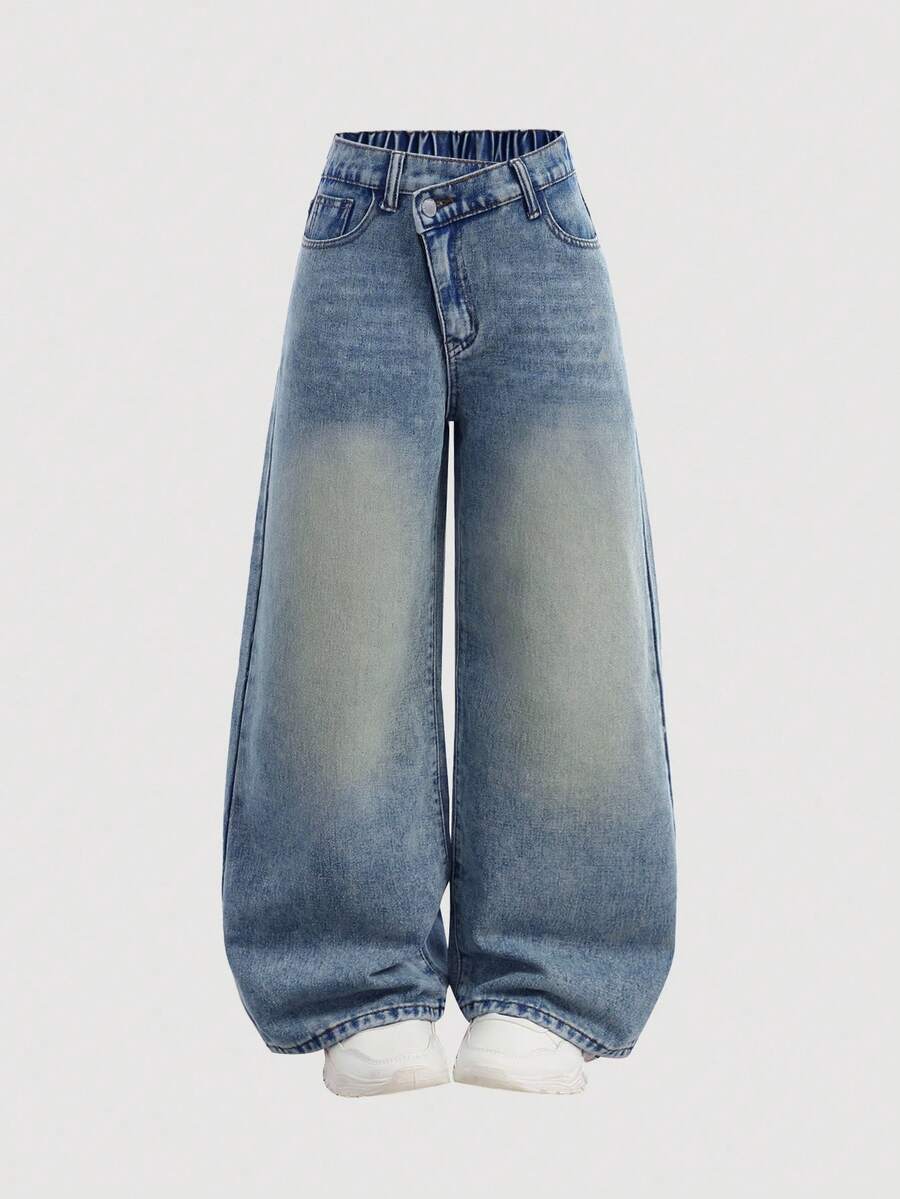 SHEIN 千禧少女时尚休闲复古蓝色牛仔斜腰设计宽松舒适牛仔裤,柔软舒适,适合日常穿着,四季皆宜。少女服装,宽松牛仔裤,可爱肥大牛仔裤。 - 中等水洗藍 - 查看 1