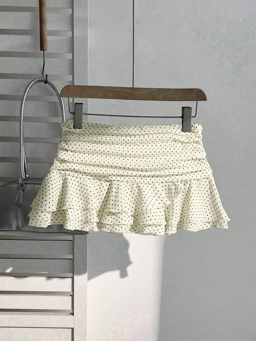 Elamini Fashionable Pleated Layered Decor Sweet Design Mini Skirt Elegant Ruffled Polka Dot Vacation Style A-Line Skirt - Apricot - View 1