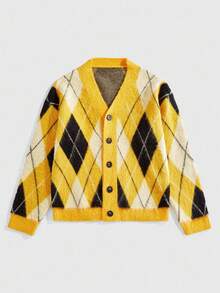 ROMWE MEN Prep Men's Jacquard Knit Cardigan, Loose Short Style Sweater, Fall Winter, Long Sleeve Top - Yellow - View 3