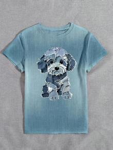 EMERY ROSE 女士艺术拼贴小狗印花圆领短袖休闲上衣，适合户外穿着 - 霧霾藍 - 查看 3