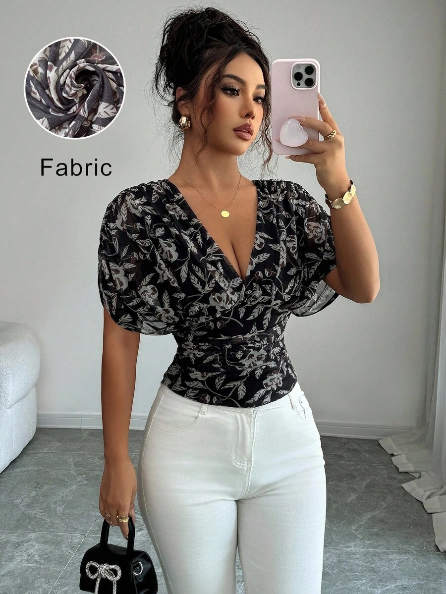 Elenzga Women's Cross-Wrap Short Sleeve Fitted Allover Print Shirt - Black - View 1