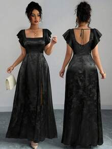 Elenzga 女式方领荷叶边袖系带连衣裙，下摆开衩，绿色提花面料，百搭，适合伴娘、舞会、毕业典礼、通勤，舒适时尚，极具吸引力 - 黑色 - 查看 1