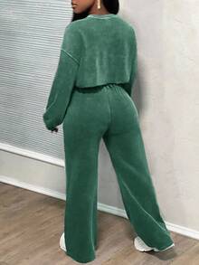 Slaydiva 女士街头风宽松酸洗两件套运动服，舒适秋冬女装 - 橄欖綠 - View 2