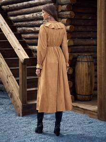 LanaWest Women's Camel Autumn Western Vacation Knitted Suede V-Neck Long Sleeve Flare Elastic Waist A-Line Brown Ruffle Collar Ruched Pocket Maxi Casual Dress - Brown - View 6