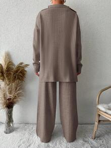 EURMUSE Drop Shoulder Sweater With Half Zipper And Knitted Pants Two Piece Set - Mocha Brown - View 2