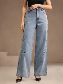 Anewsta Quần Jeans Denim Túi Xiên Thêu Hoa Thường Ngày Cho Nữ - Màu xanh nhạt - Xem 5