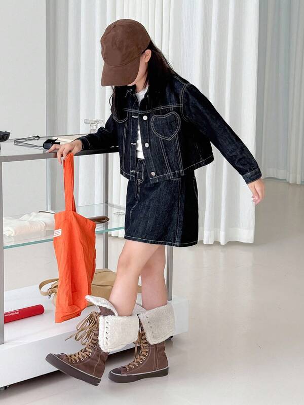 DAZY 2pcs Girls Denim Jacket + Denim Skirt Set, Tween Girl Fall Outfit