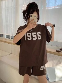 DAZY 2 件套女士印花宽松休闲短袖睡衣套装 - 棕色 - 查看 9