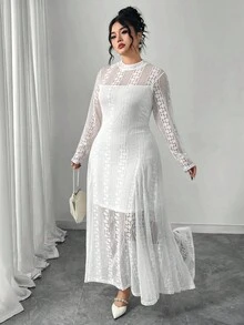 Modelyn Vestido elegante y romántico de manga larga, de punto con malla transparente y fluida, de talla grande, color negro - Blanco - Ver 7